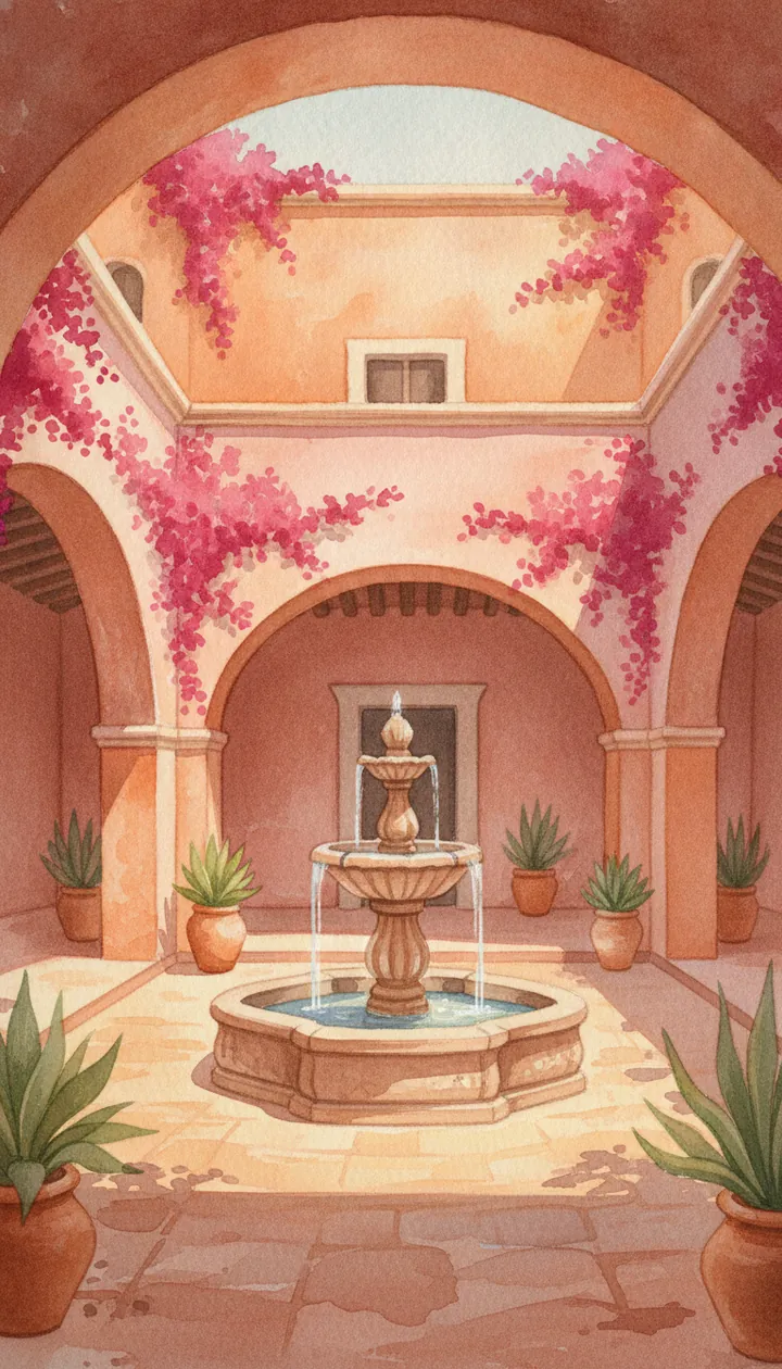 Patio de una hacienda con fuente de cantera y bugambilias, pintado en acuarela